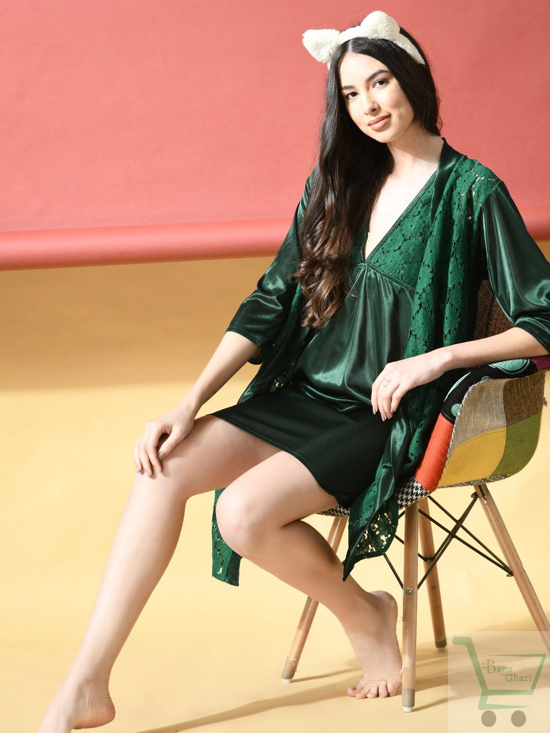 Perla Babydoll Lace Sleepwear Mesh Robe Nightgown with Satin Sleepwear Lace Mini Teddy (P-108)