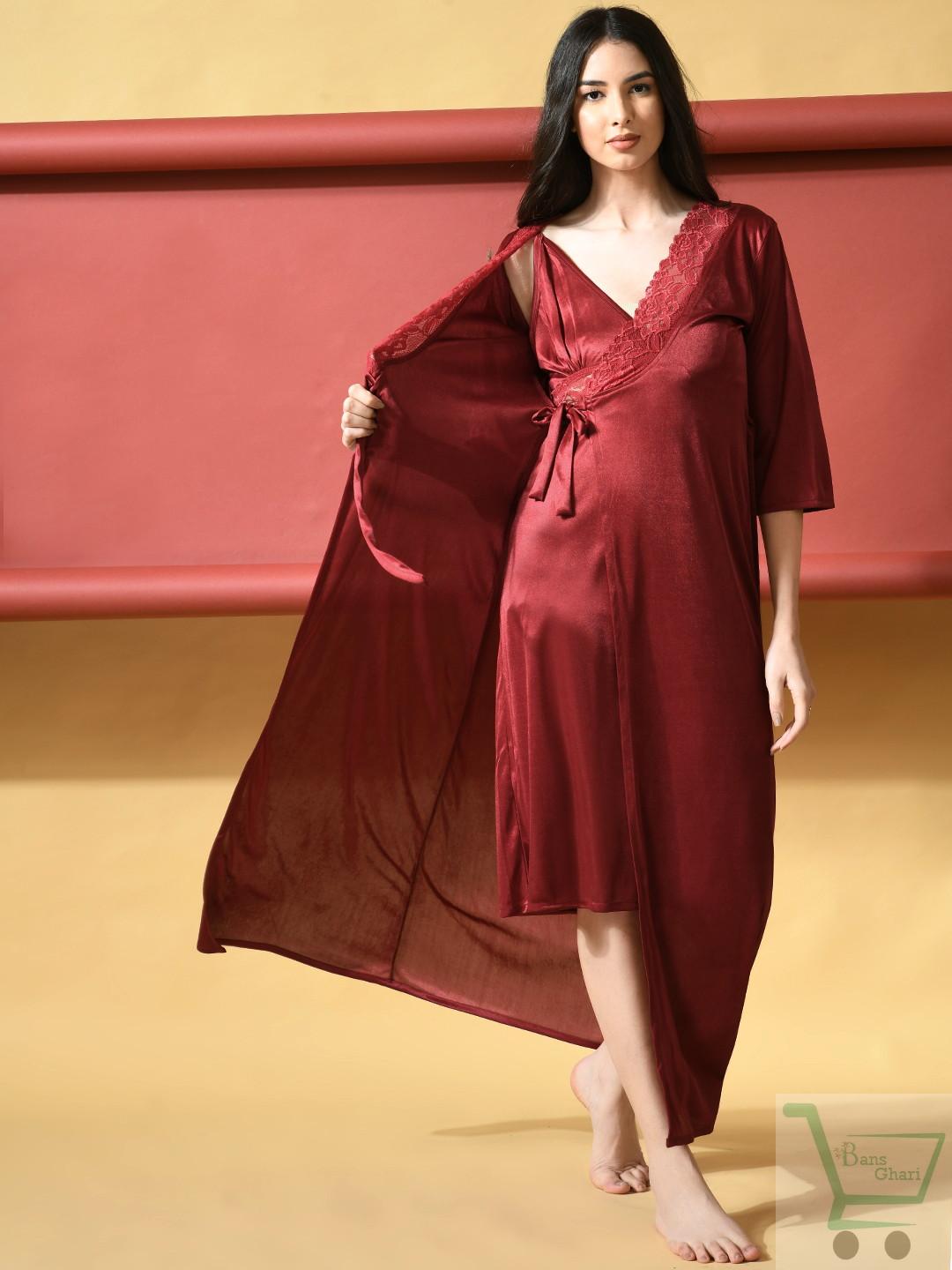 Perla Babydoll Satin Robe with Satin Net 2 Piece Lingerie (P-105)