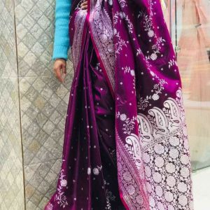 Purple Banarasi Silk Saree With Unstitched Blouse For Women