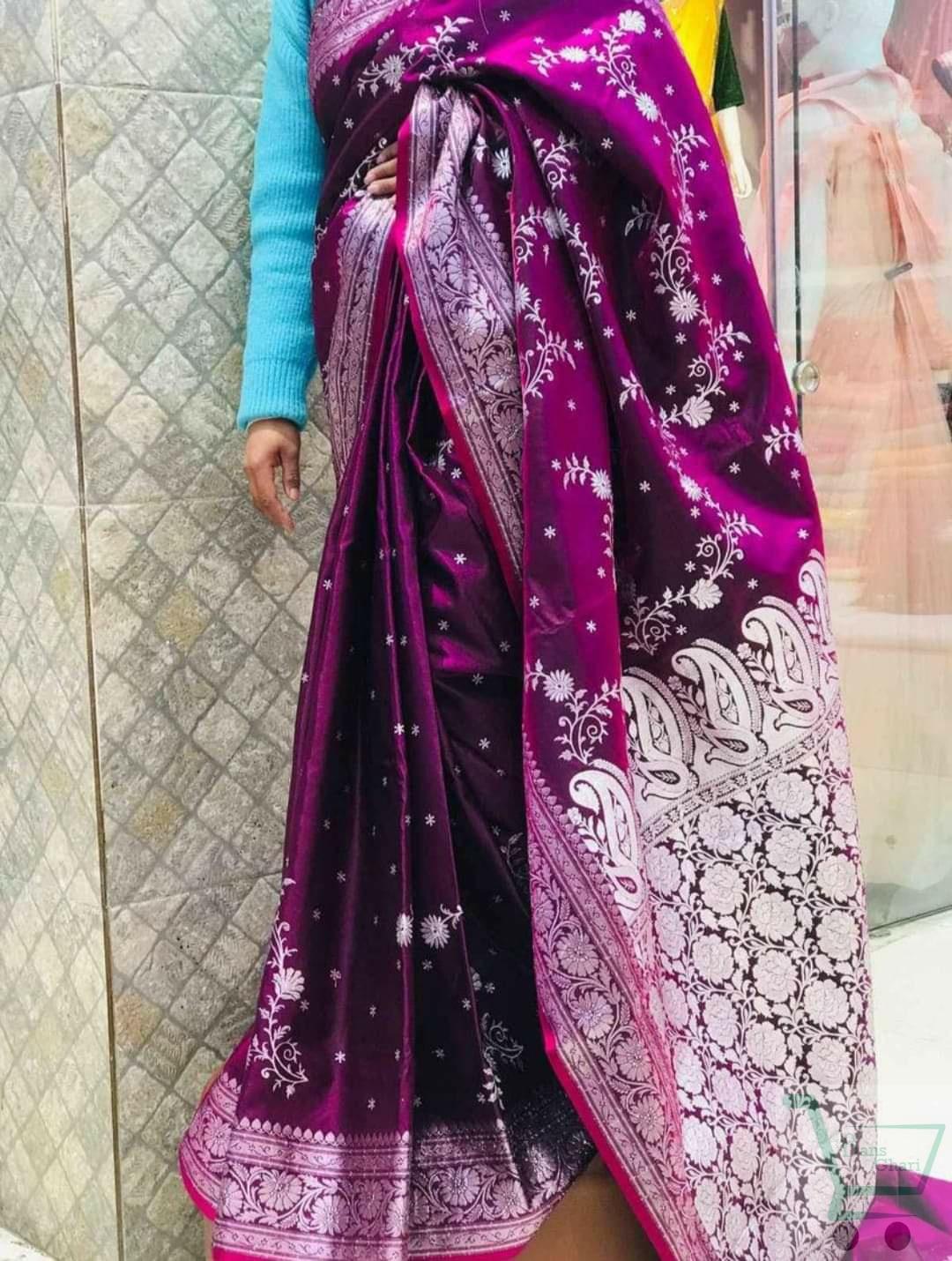 Purple Banarasi Silk Saree With Unstitched Blouse For Women
