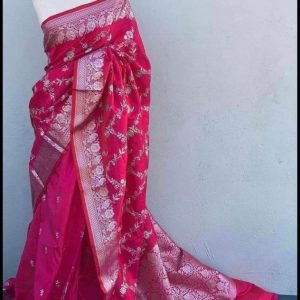 Rani Color Banarasi Silk Saree With Unstitched Blouse For Women