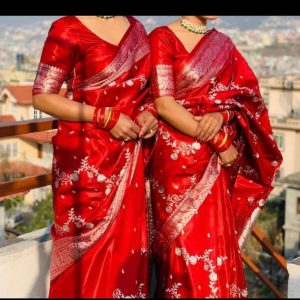 Red Banarasi Silk Saree With Unstitched Blouse For Women