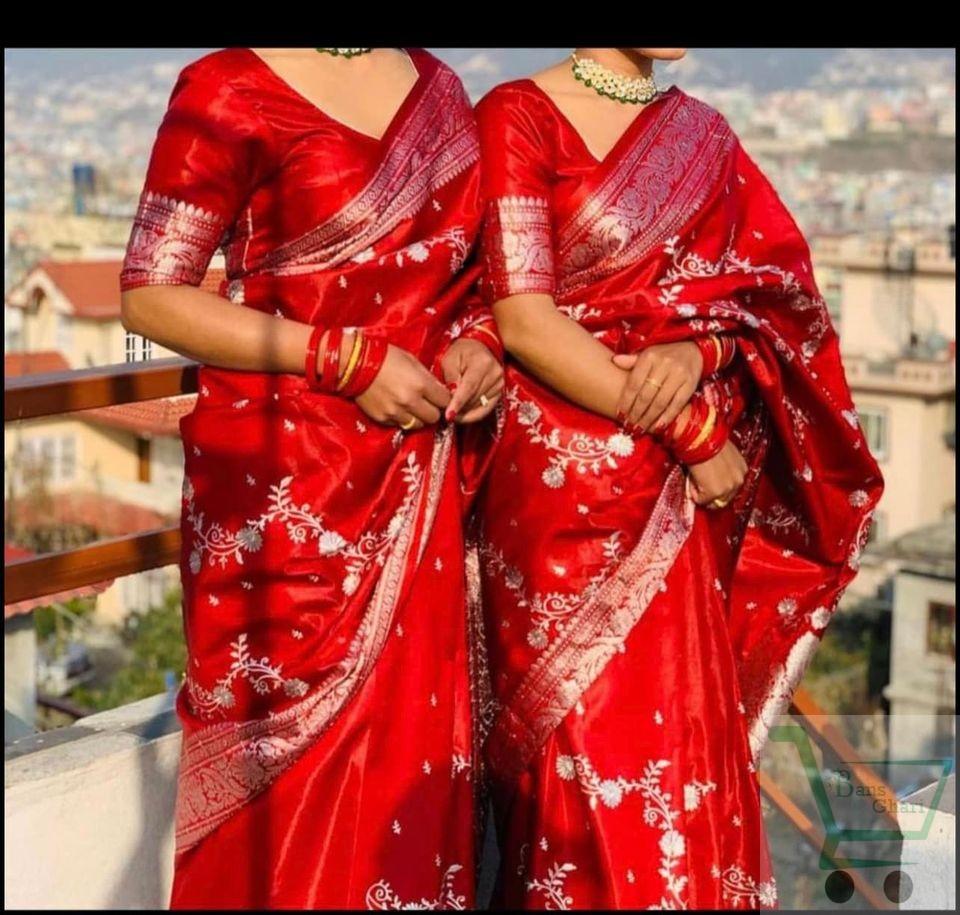 Red Banarasi Silk Saree With Unstitched Blouse For Women
