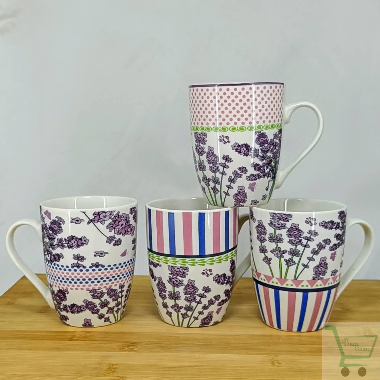 Purple Flower Print Ceramic Coffee Mug (Set Of 12)