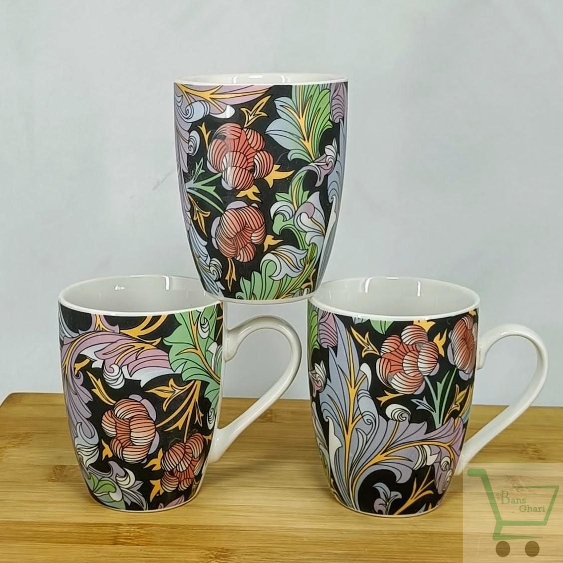 Flower With Black Print Ceramic Coffee Mug (Set Of 12)