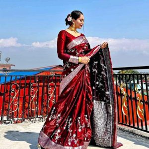 Maroon Banarasi Silk Saree With Unstitched Blouse For Women
