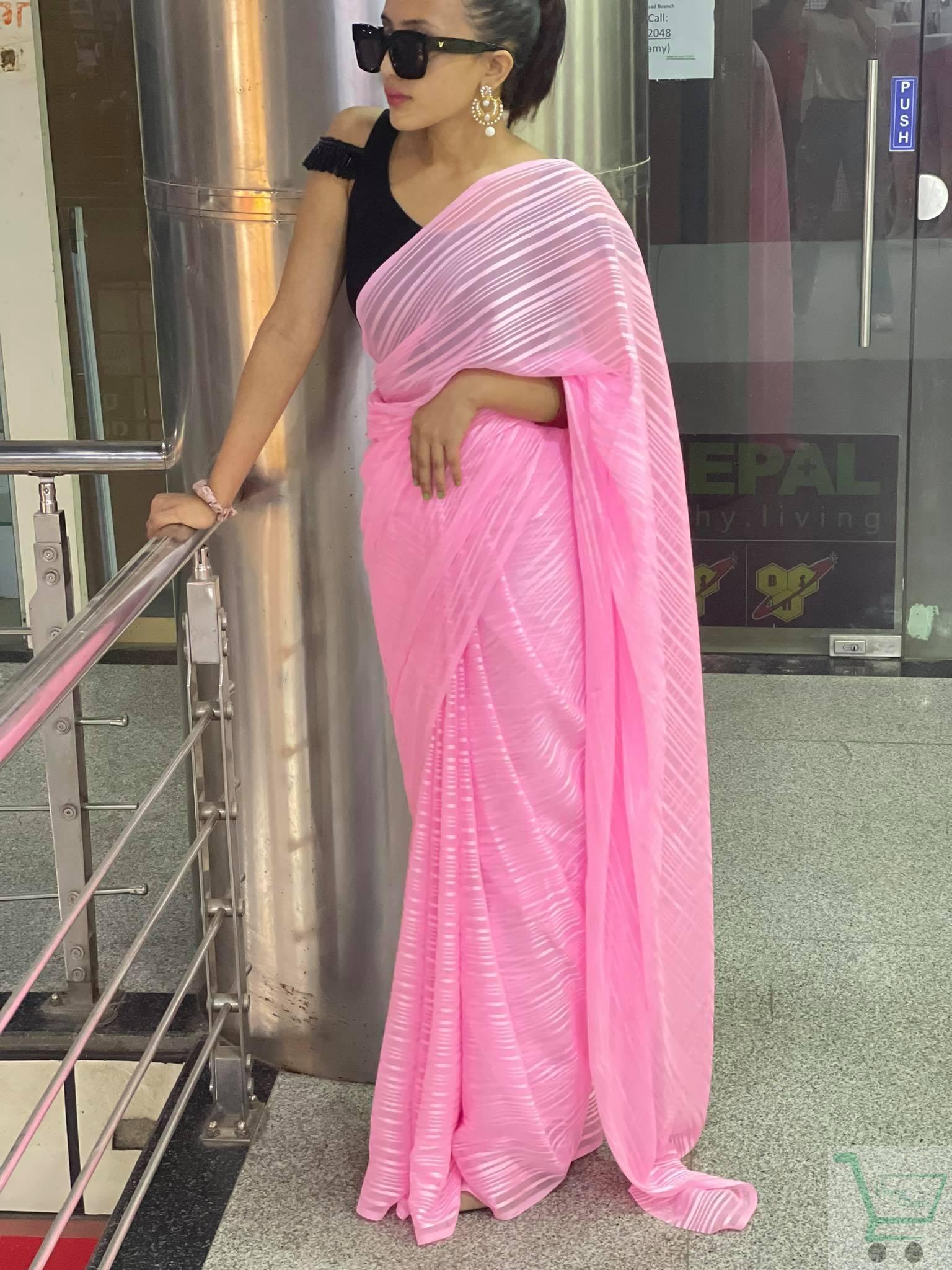 Pink Zari Lining Saree With Unstitched Blouse For Women