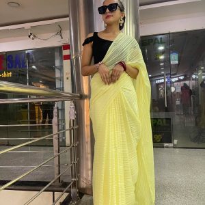 Yellow Zari Lining Saree With Unstitched Blouse For Women