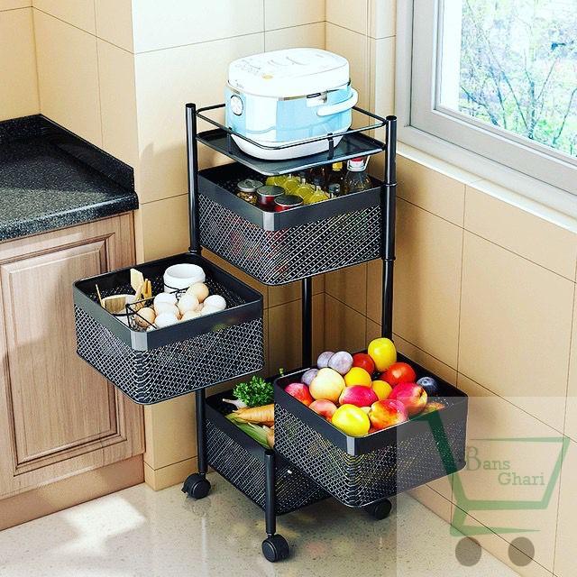 3 Layer Metal Portable Rotating Multifunctional Trolley Basket