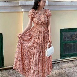 Ladies One Piece Long Dress - Peach Dotted