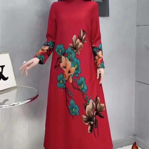 Woollen Long One Piece Dress with Inside Fur ( Red )