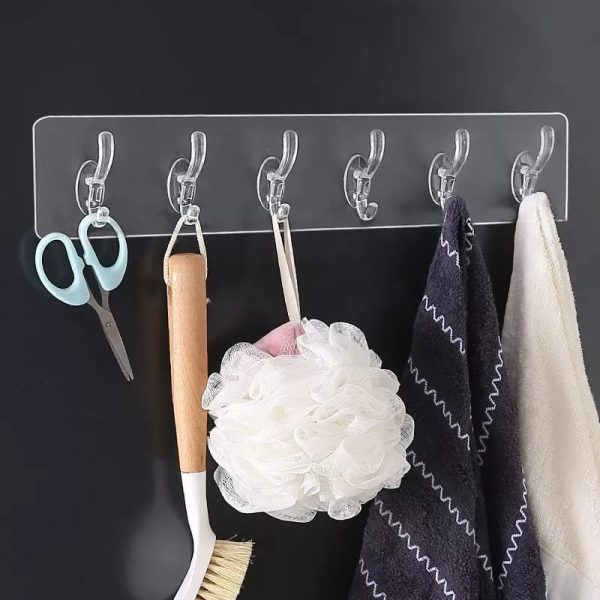 Transparent 6 Hook Rail Multipurpose Self Adhesive Hook Hanger for Home Kitchen Bedroom Bathroom
