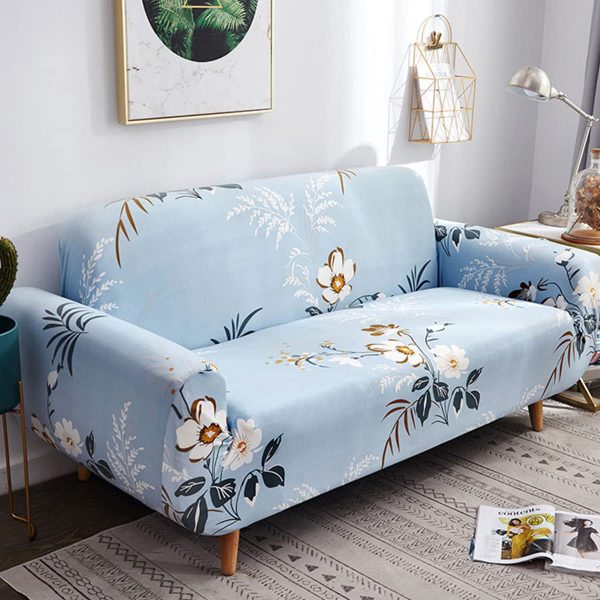 1 Seater Stretchable Sky Blue Printed Sofa Cover