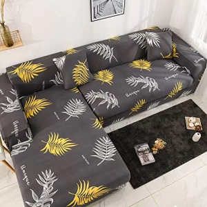 L-Shape Stretchable Sofa Cover Grey Leaf Printed – 4+4 Seater