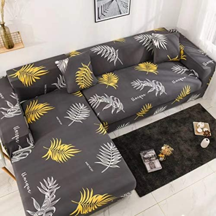 L-Shape Stretchable Sofa Cover Grey Leaf Printed