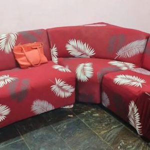 L-Shape Stretchable Sofa Cover maroon Feather Printed – 2+Corner+1 Seater