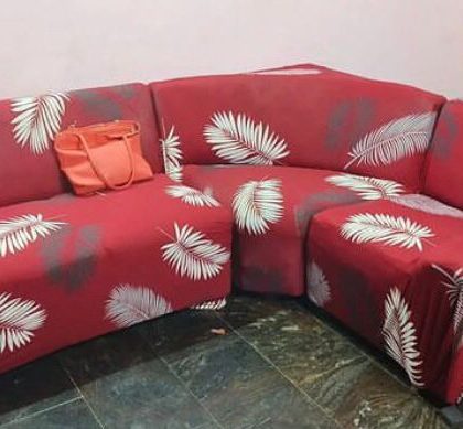 L-Shape Stretchable Sofa Cover Maroon Feather  Printed – 2+Corner+1 Seater