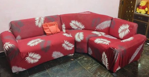 L-Shape Stretchable Sofa Cover maroon Feather Printed – 2+Corner+1 Seater