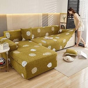 L-Shape Stretchable Sofa Cover Mustard Yellow Flower Printed – 4+4 Seater