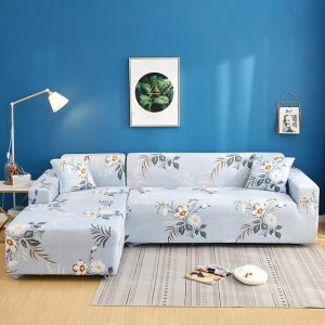 L-Shape Stretchable Sofa Cover Sky Blue Flower Printed – 4+4 Seater