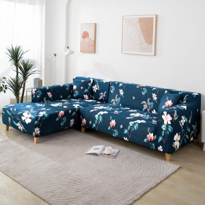 L-Shape Stretchable Sofa Cover Blue Flower Printed