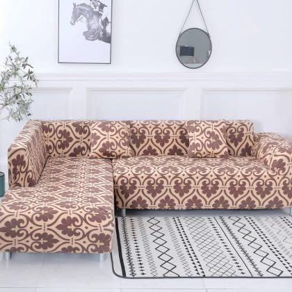 L-Shape Stretchable Sofa Cover Cream Brown Printed