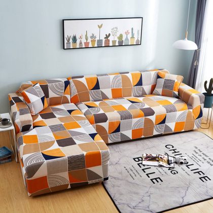 L-Shape Stretchable Sofa Cover Yellow Mix Printed